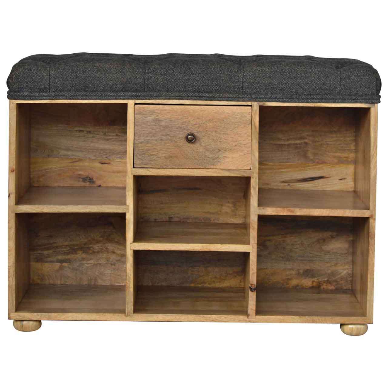 Ashpinoke:Black Tweed 6 Slot Shoe Storage Bench-Benches-Artisan