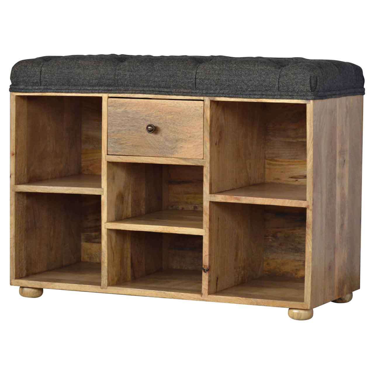 Ashpinoke:Black Tweed 6 Slot Shoe Storage Bench-Benches-Artisan