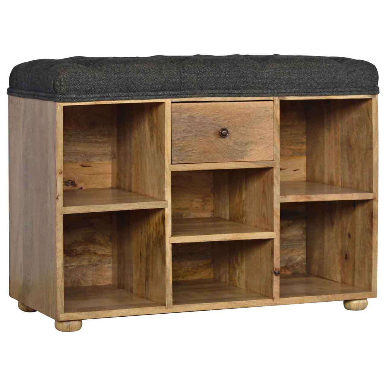 Ashpinoke:Black Tweed 6 Slot Shoe Storage Bench-Benches-Artisan