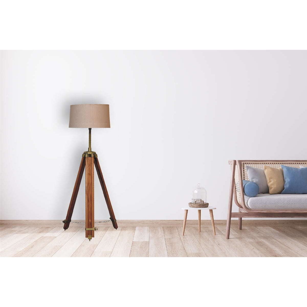 Ashpinoke:Brass Plated and Wooden Teak Floor Lamp-Lighting-Artisan