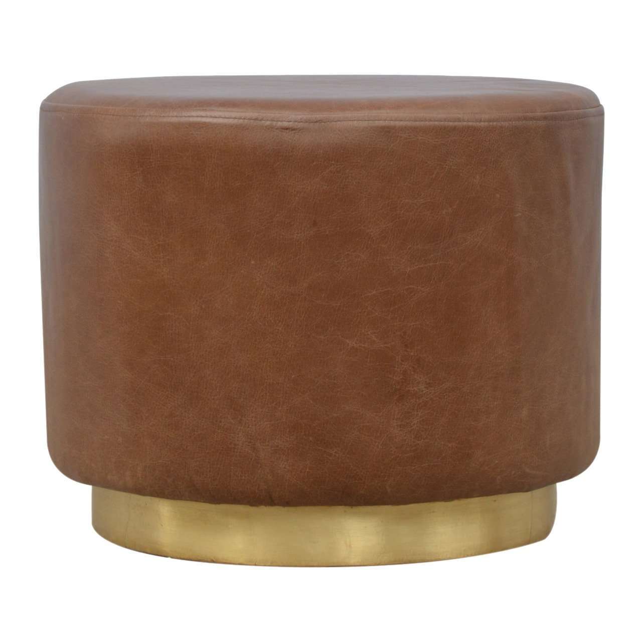 Ashpinoke:Brown Buffalo Leather Footstool with Gold Base-Footstools-Artisan