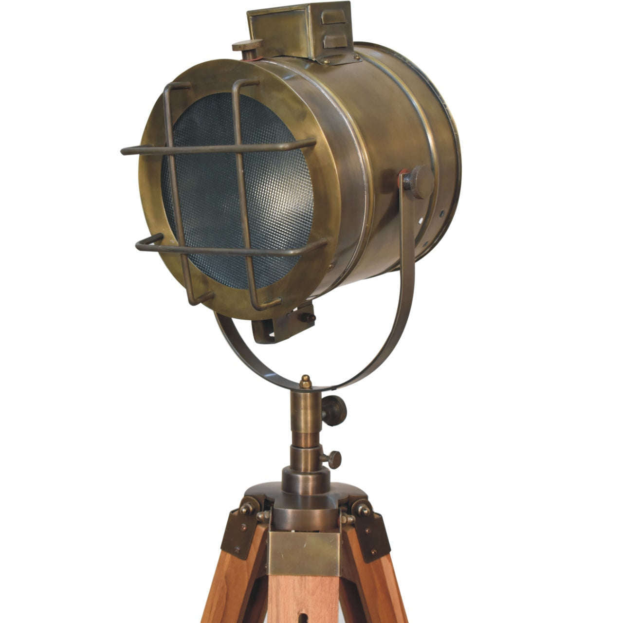 Ashpinoke:Caged Brass Antique Tripod Fold Spotlight Floor Lamp-Lighting-Artisan