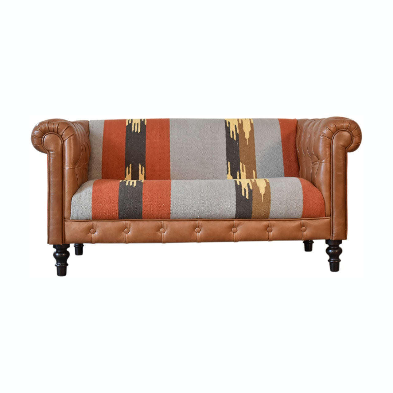 Ashpinoke:Durrie & Leather Mixed Sofa-Sofas-Artisan