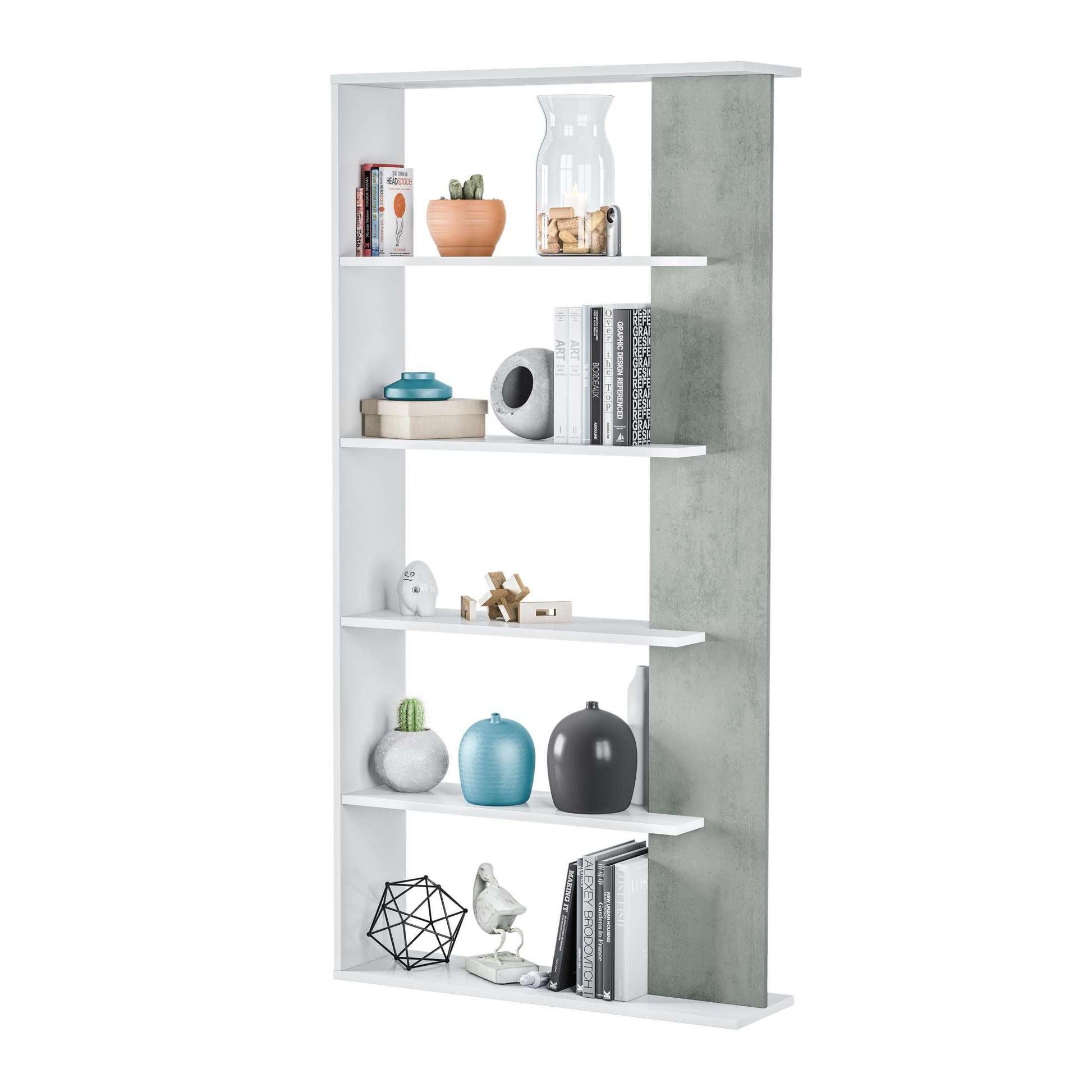 Ashpinoke:Epping Bookcase Table 5 Shelves White & Concrete 0L2252A-Bookshelves-Heartlands Furniture