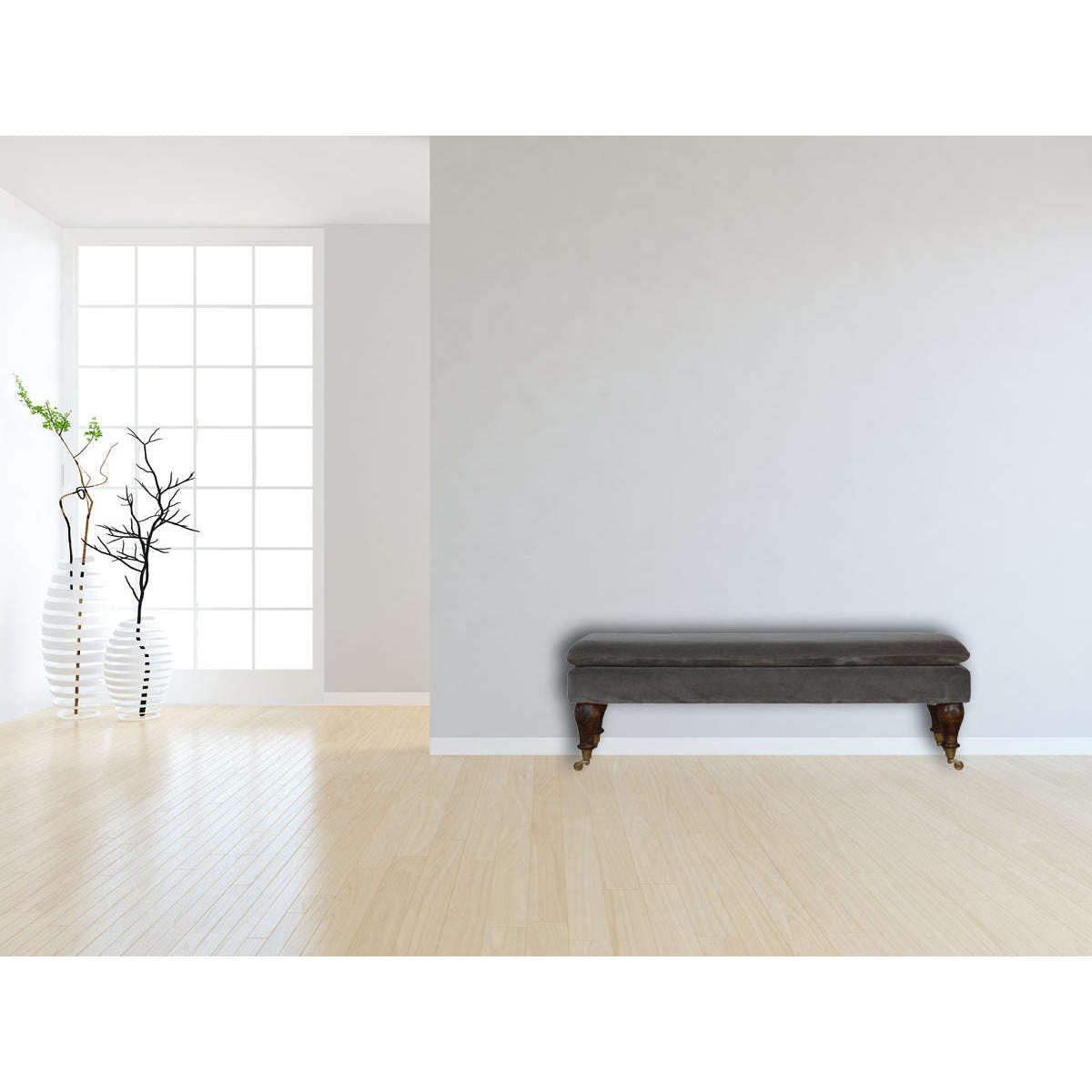 Ashpinoke:Grey Velvet Bench with Castor Feet-Benches-Artisan