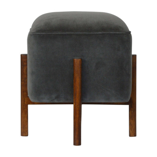 Ashpinoke:Grey Velvet Footstool with Solid Wood Legs-Footstools-Artisan