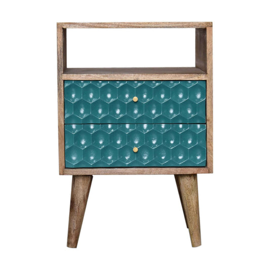 Ashpinoke:Honeycomb Carved Teal Bedside with Open Slot-Bedsides-Artisan