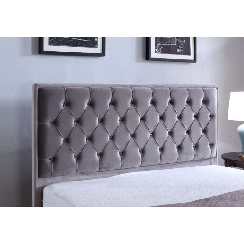 Ashpinoke:Izabel Velvet Double Bed Light Grey with Dark Grey HB-Double Beds-Heartlands Furniture