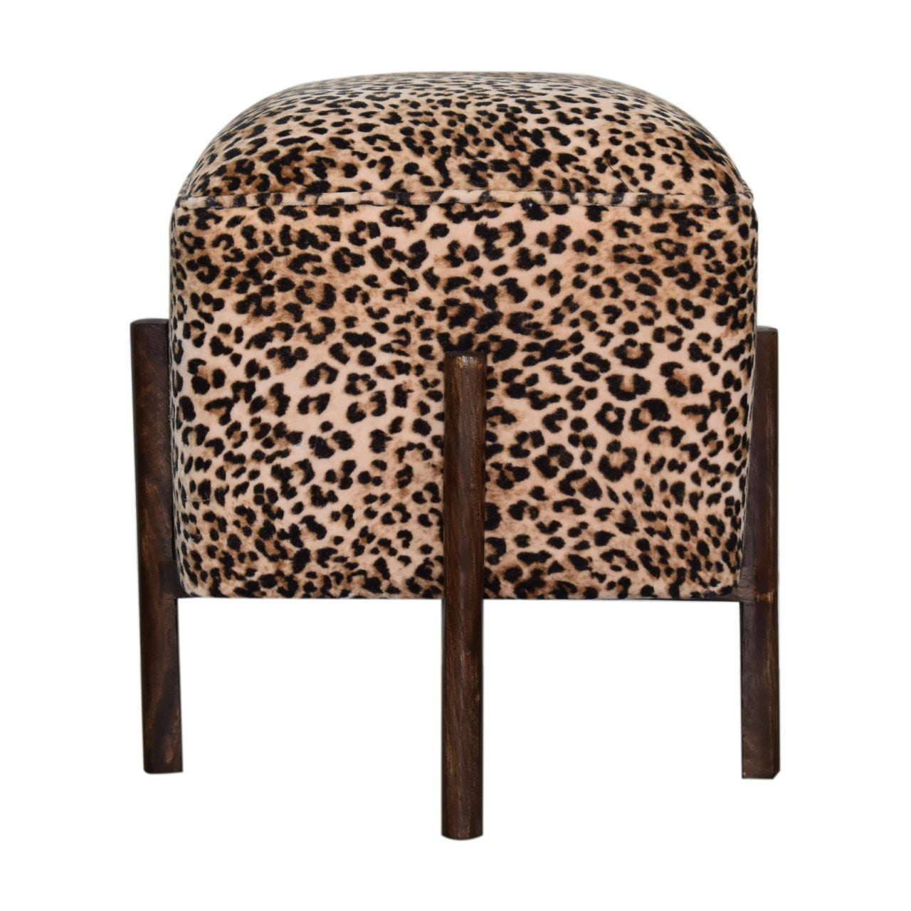 Ashpinoke:Leopard Print Footstool with Solid Wood Legs-Footstools-Artisan