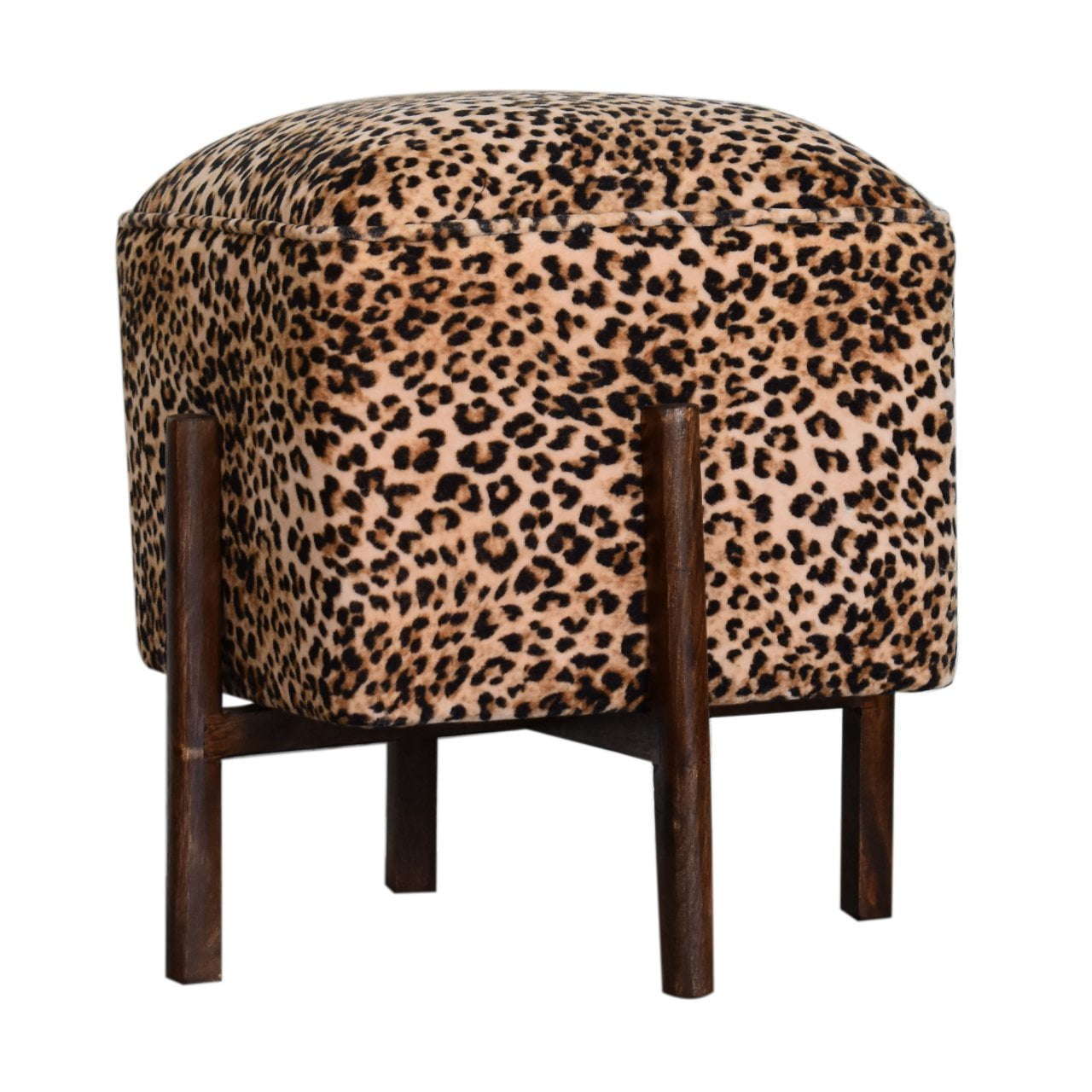 Ashpinoke:Leopard Print Footstool with Solid Wood Legs-Footstools-Artisan