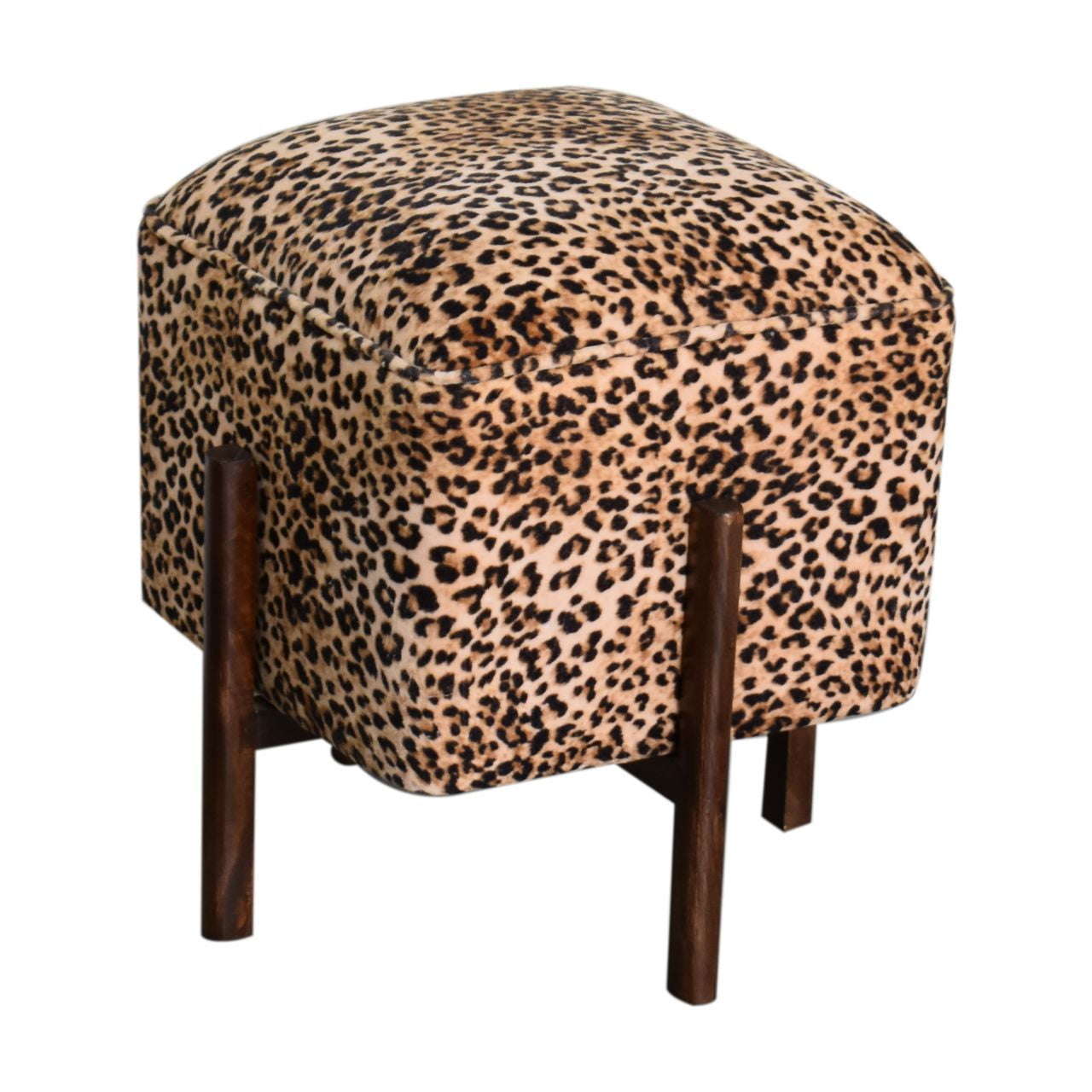 Ashpinoke:Leopard Print Footstool with Solid Wood Legs-Footstools-Artisan