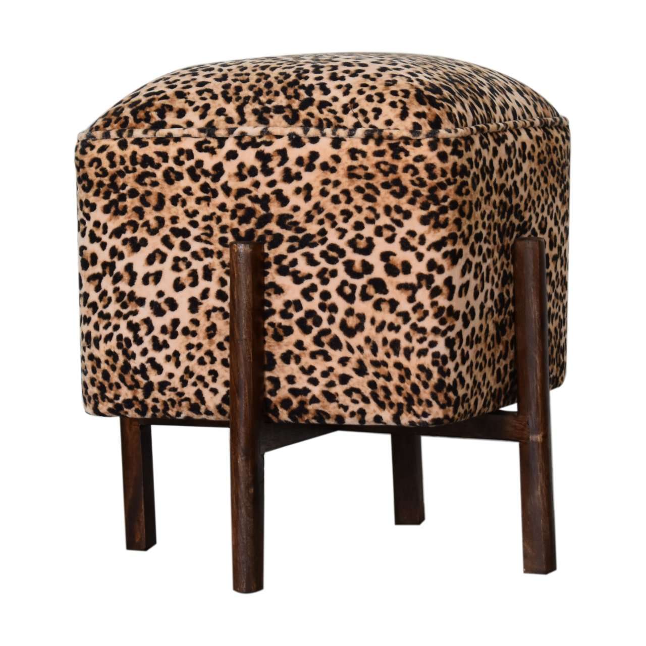 Ashpinoke:Leopard Print Footstool with Solid Wood Legs-Footstools-Artisan