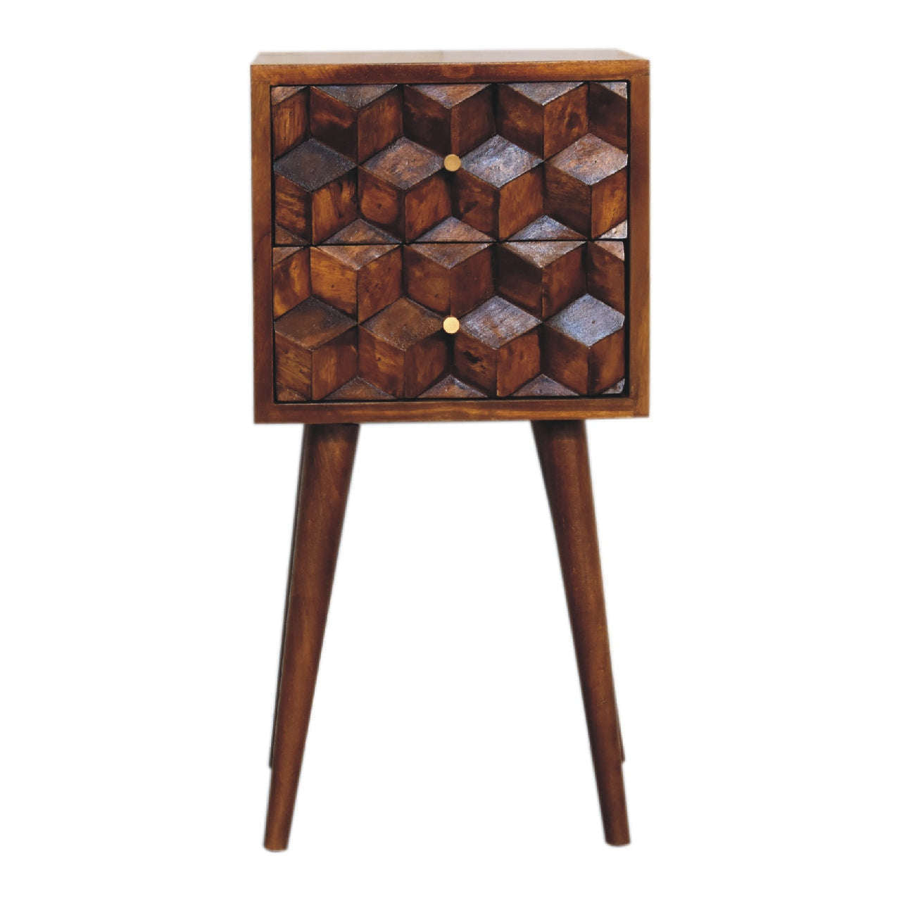 Ashpinoke:Mini Chestnut Cube Carved 2 Drawer Bedside-Bedsides-Artisan