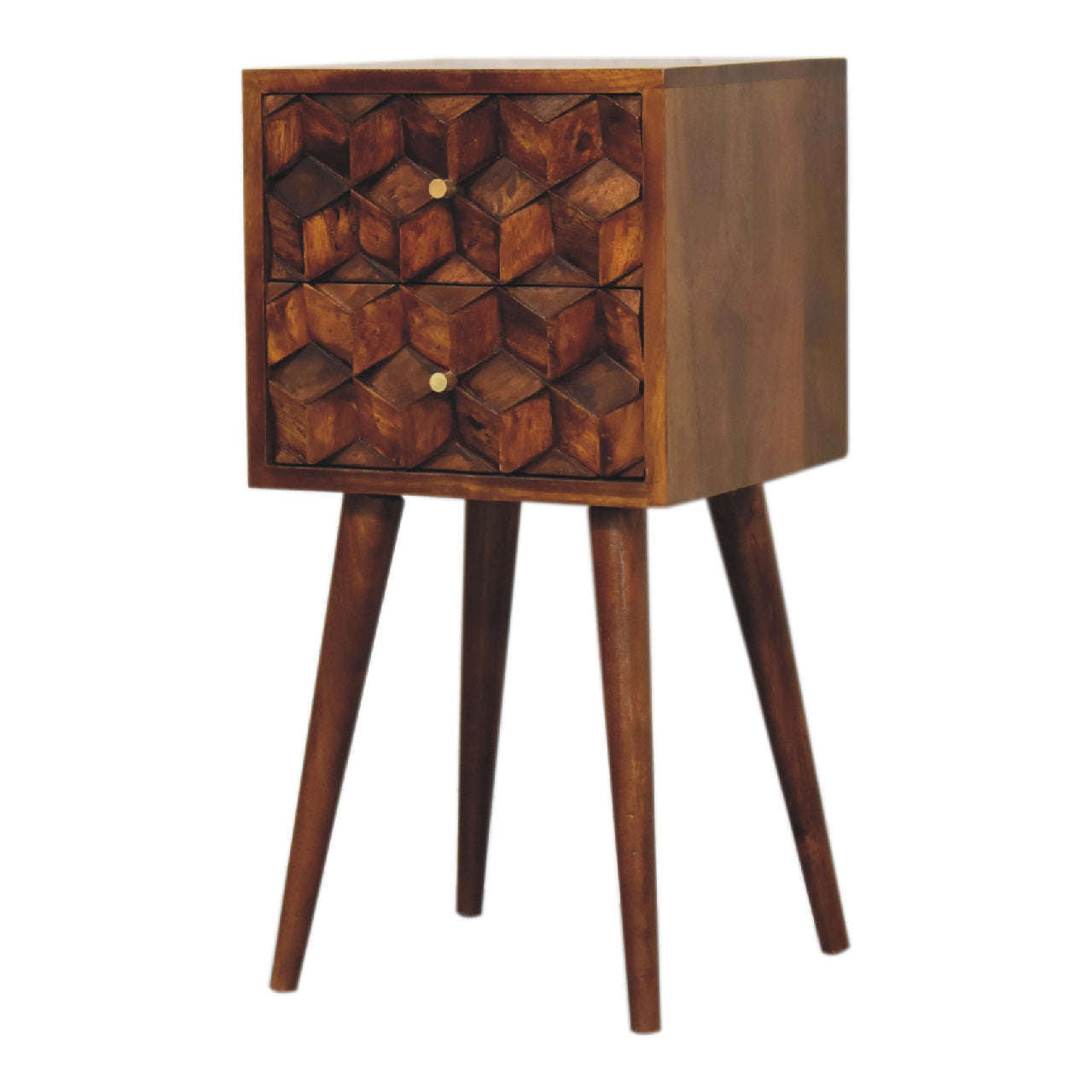 Ashpinoke:Mini Chestnut Cube Carved 2 Drawer Bedside-Bedsides-Artisan