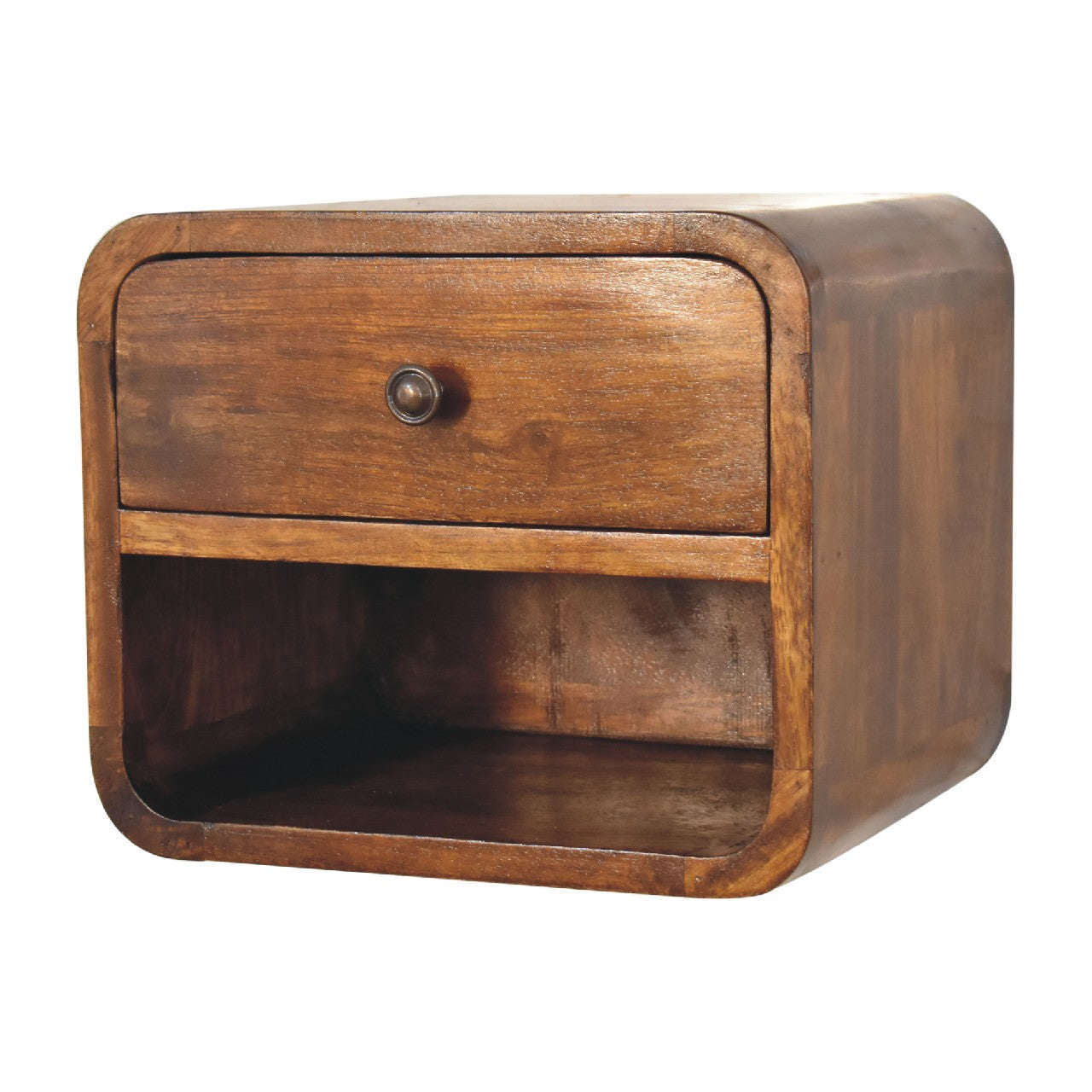 Ashpinoke:Mini Curved Chestnut Wall Mounted Bedside with Open Slot-Bedsides-Artisan