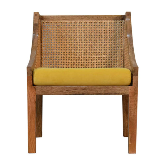 Ashpinoke:Mustard Cotton Velvet Rattan Chair-Chairs-Artisan