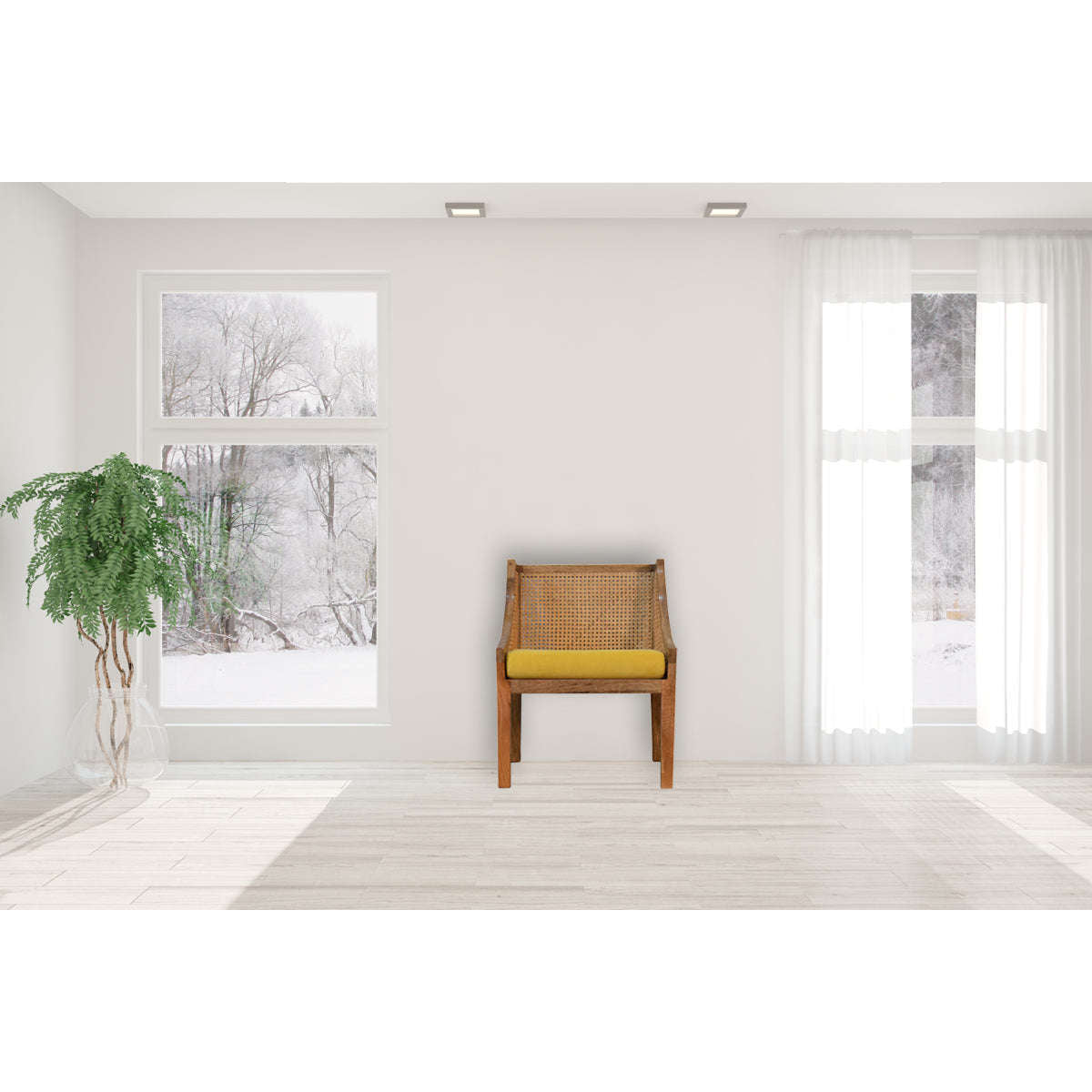 Ashpinoke:Mustard Cotton Velvet Rattan Chair-Chairs-Artisan