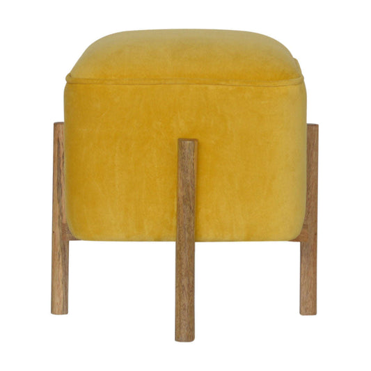 Ashpinoke:Mustard Velvet Footstool with Solid Wood Legs-Footstools-Artisan