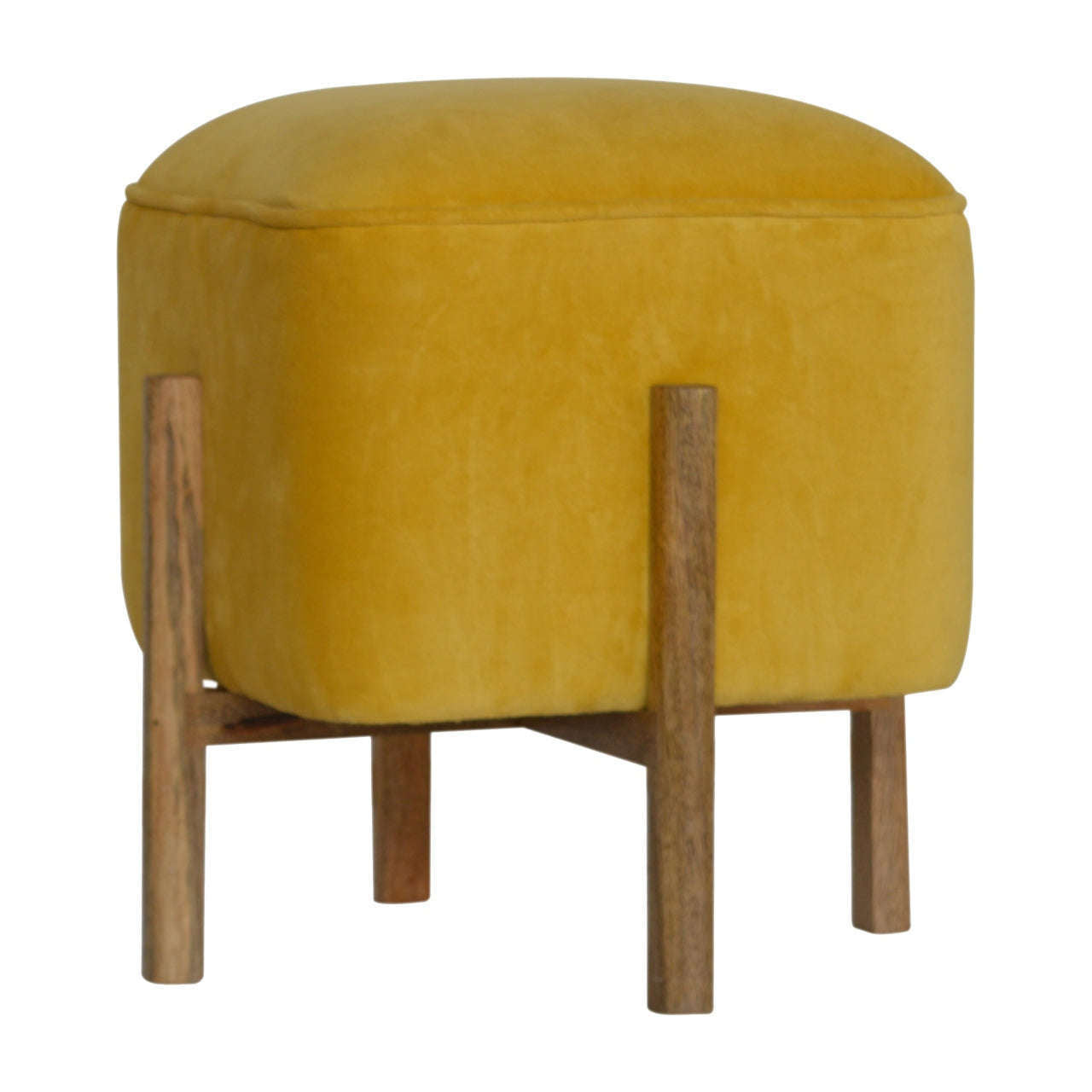 Ashpinoke:Mustard Velvet Footstool with Solid Wood Legs-Footstools-Artisan