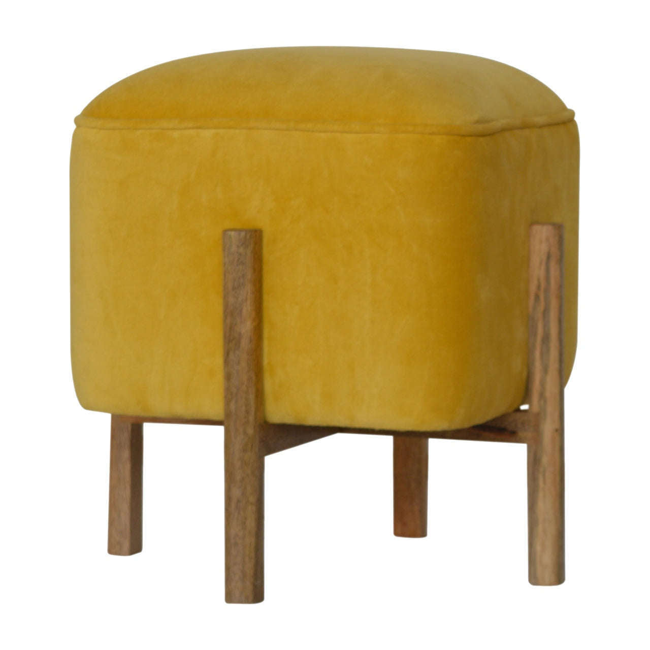 Ashpinoke:Mustard Velvet Footstool with Solid Wood Legs-Footstools-Artisan