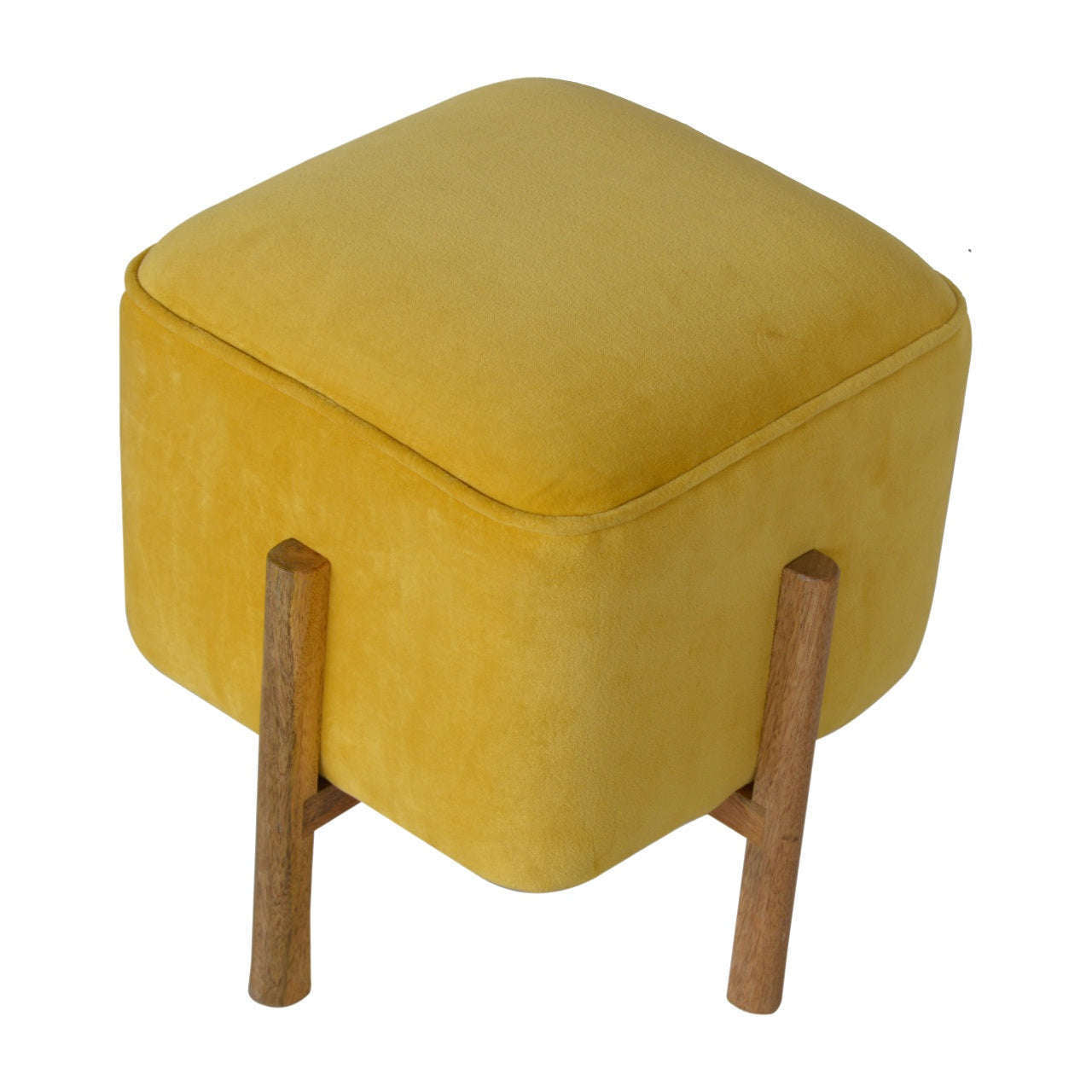 Ashpinoke:Mustard Velvet Footstool with Solid Wood Legs-Footstools-Artisan