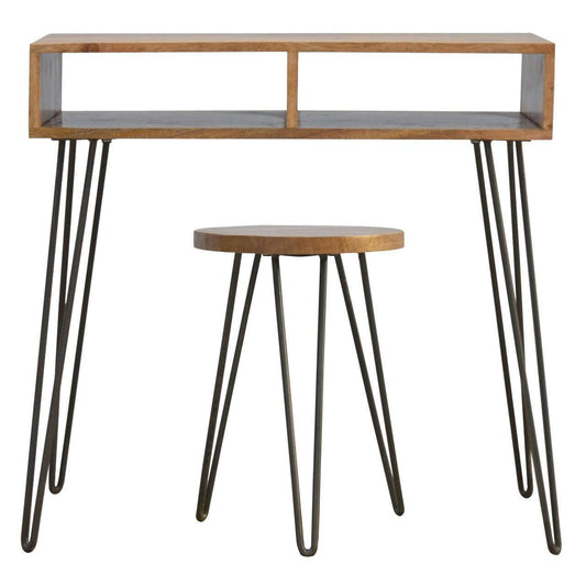 Ashpinoke:Solid Wood &amp; Iron Base Writing Desk with Stool-Desks-Artisan
