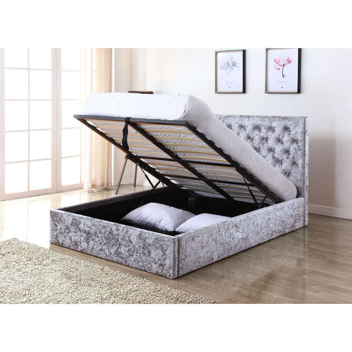 Ashpinoke:Yasmin Storage Crushed Velvet Double Bed Silver-Double Beds-Heartlands Furniture