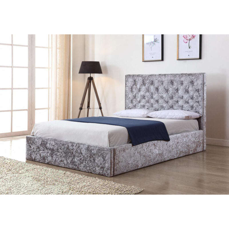 Ashpinoke:Yasmin Storage Crushed Velvet Double Bed Silver-Double Beds-Heartlands Furniture