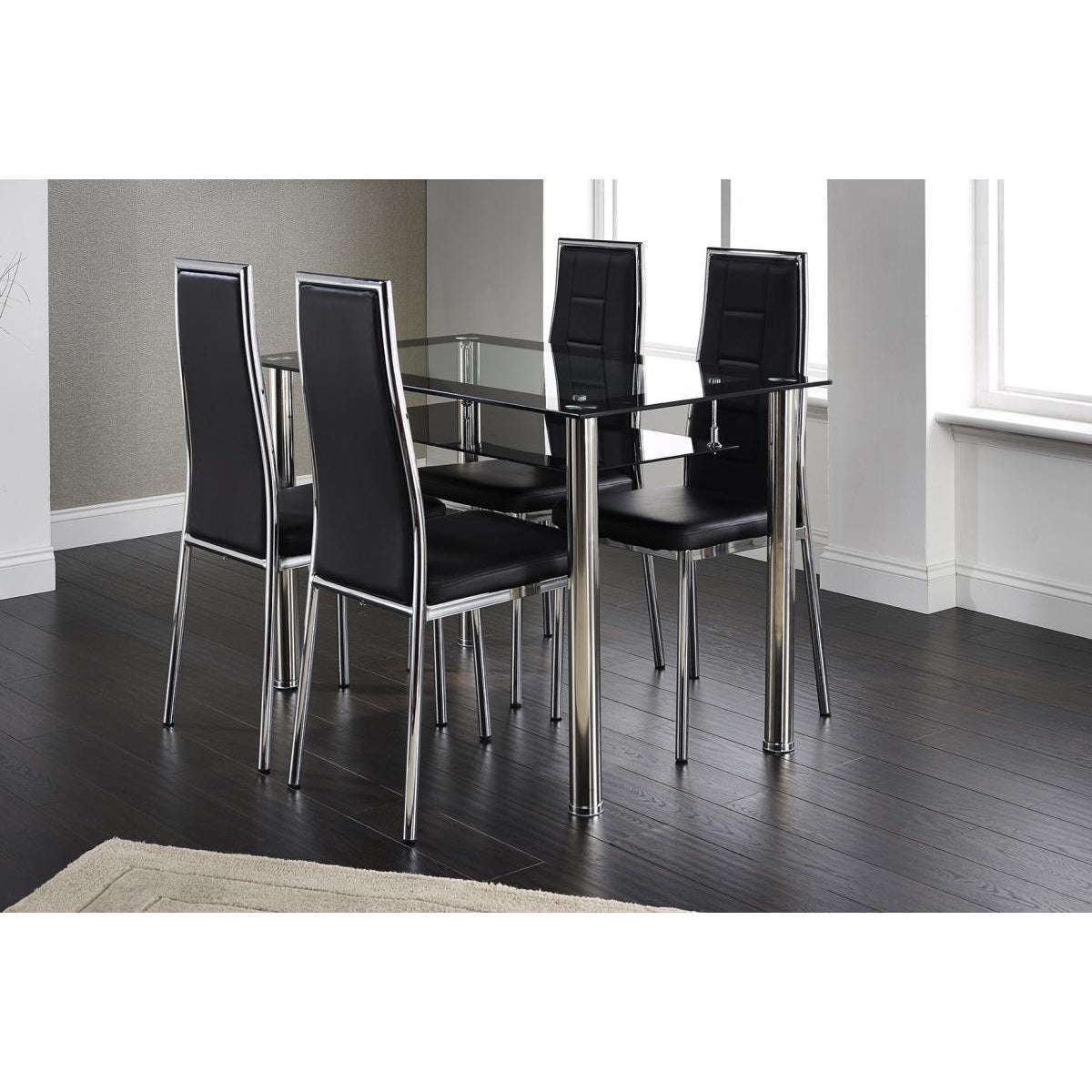 Ashpinoke:Andora Dining Set with 4 Chairs Chrome & Black,Dining Sets,Heartlands Furniture