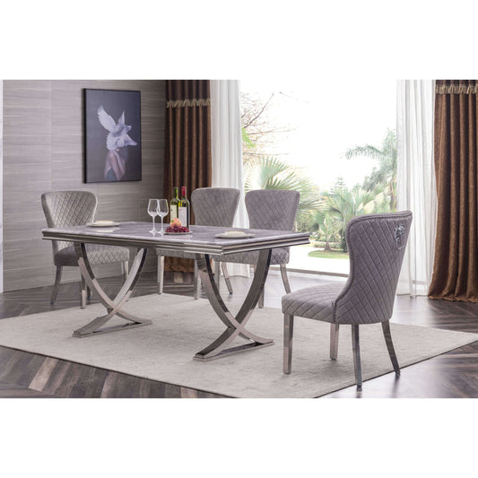 Ashpinoke:Antiga Velvet Fabric Dining Chair Grey with Stainless Steel Legs,Premium Dining,Heartlands Furniture