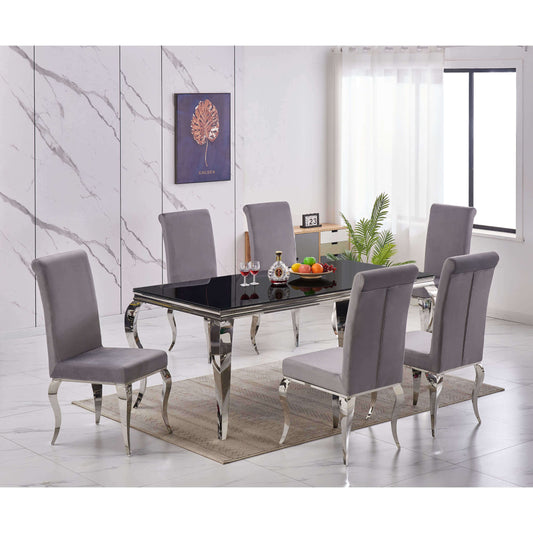 Ashpinoke:Atlanta Dining Table Black Glass with Silver Legs,Premium Dining,Heartlands Furniture