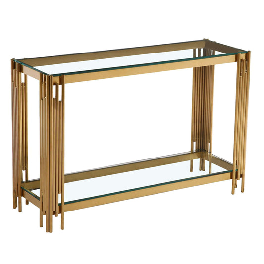 Ashpinoke:Cleveland Clear Glass Console Table Gold,Console Tables,Heartlands Furniture