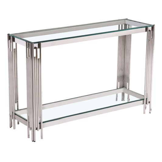 Ashpinoke:Cleveland Clear Glass Console Table Silver,Console Tables,Heartlands Furniture