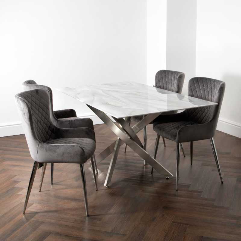 Ashpinoke - Marble Glass Rectangle Dining Table with 4 Chairs