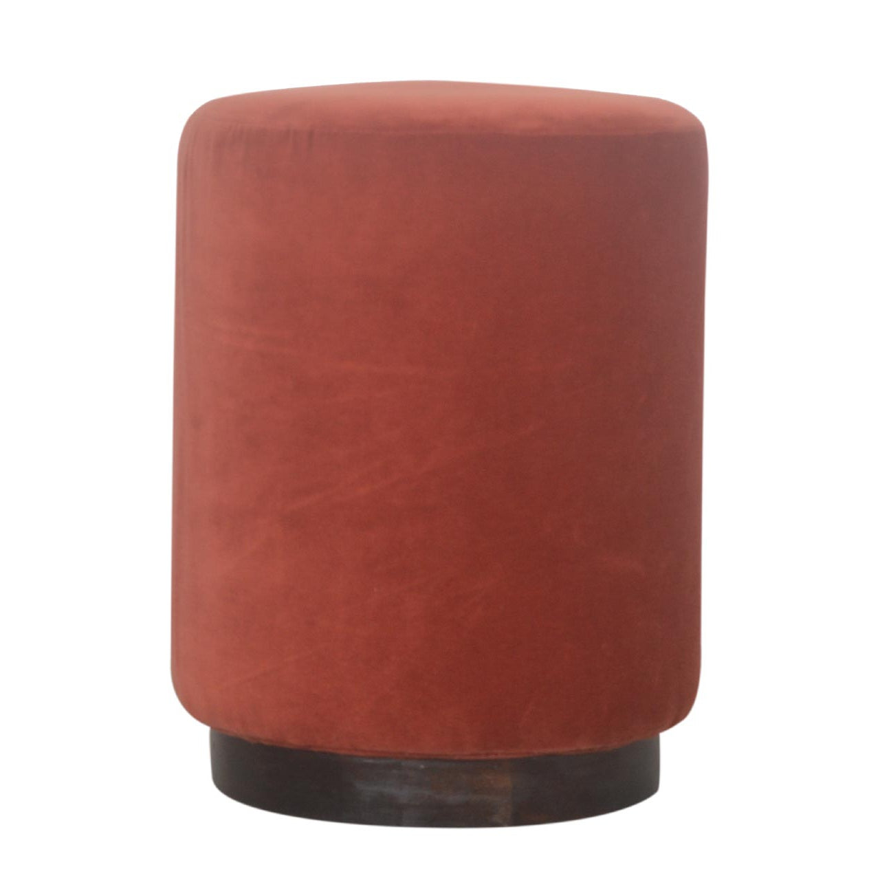 Brick Red Velvet Footstool with Wooden Base