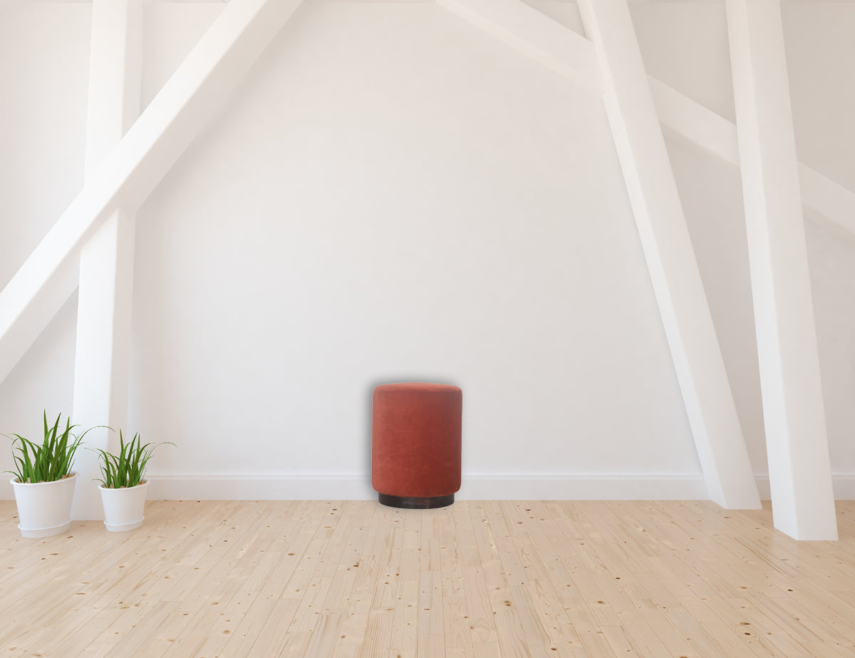 Brick Red Velvet Footstool with Wooden Base