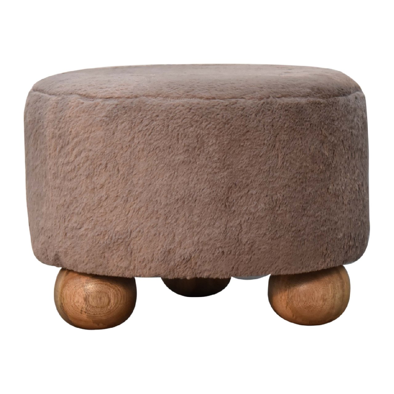 Mocha Faux Fur Round Footstool with Ball Feet