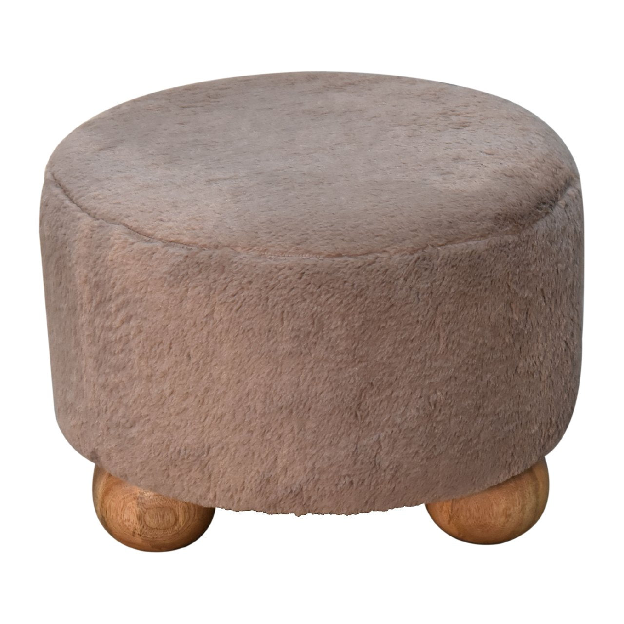 Mocha Faux Fur Round Footstool with Ball Feet