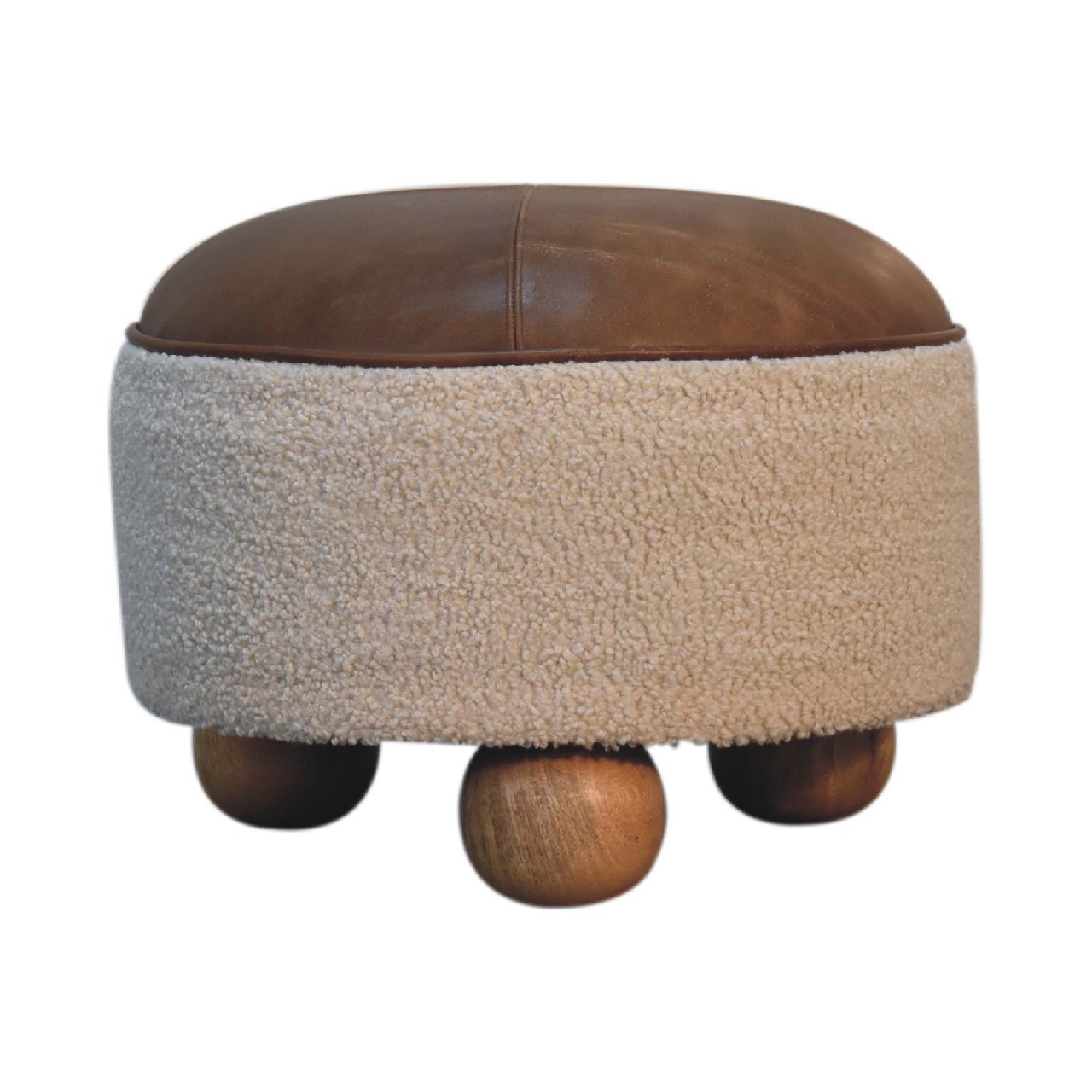 Cream Boucle Buffalo Hide Round Footstool with Ball Feet