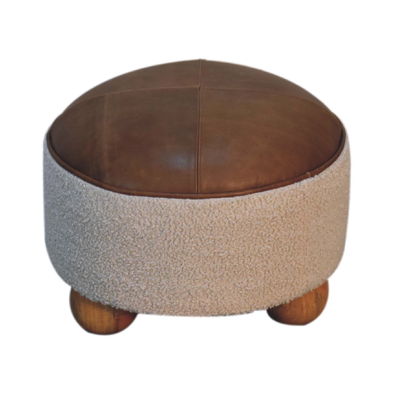 Cream Boucle Buffalo Hide Round Footstool with Ball Feet