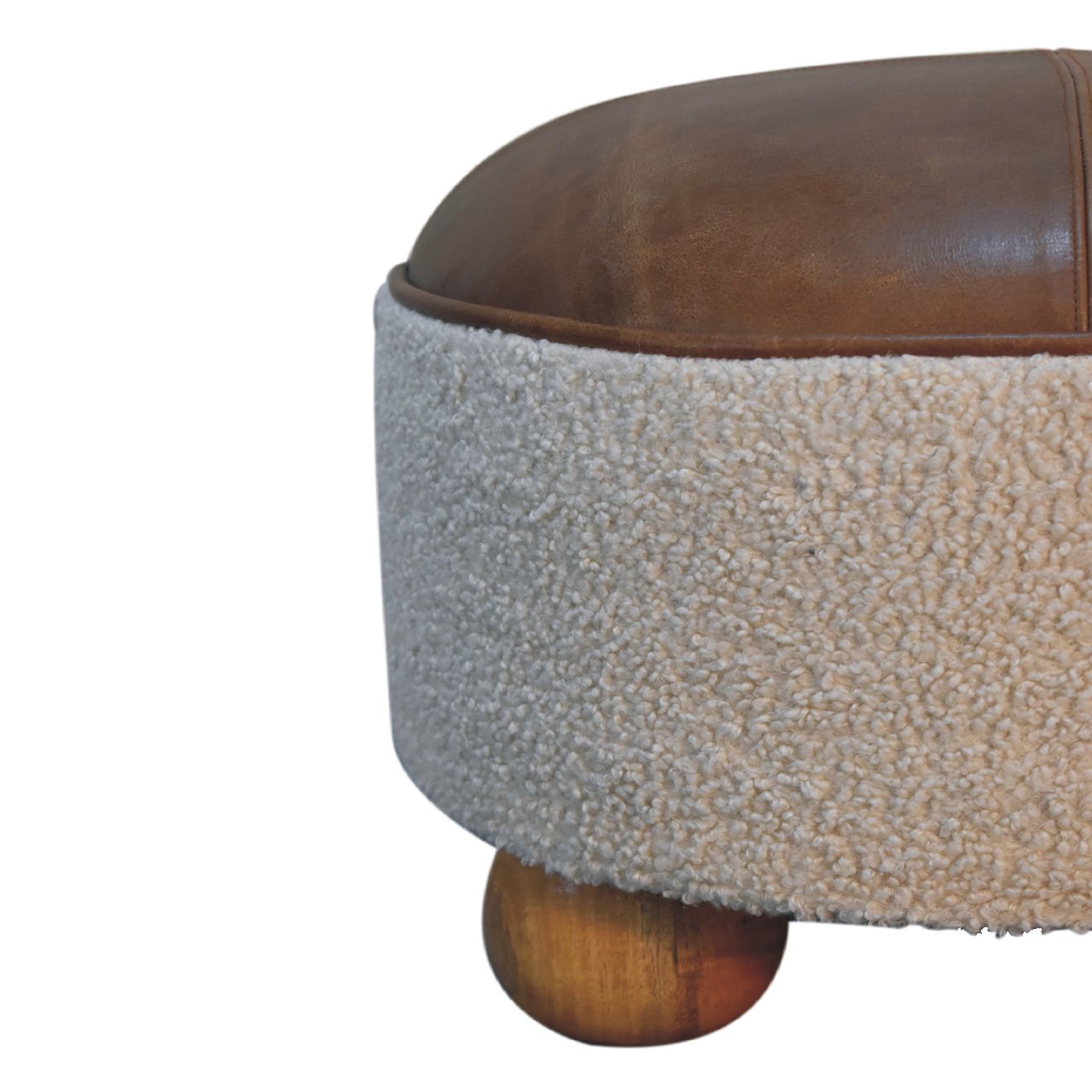 Cream Boucle Buffalo Hide Round Footstool with Ball Feet