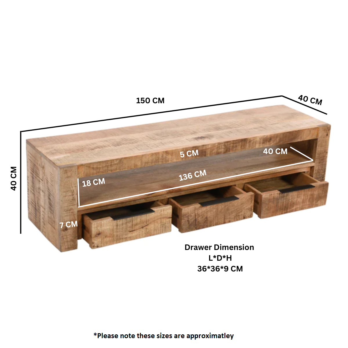 Surrey Solid Wood Large TVc With 3 Drawers