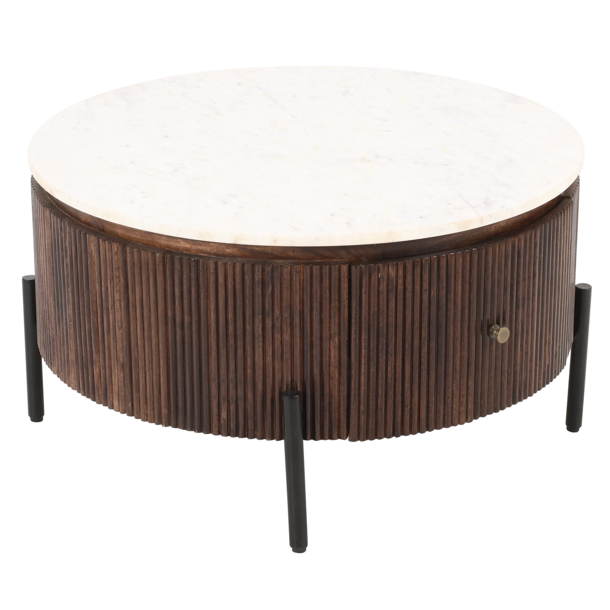 Opal Mango Wood Round Fluted Coffee Table With Marble Top & Metal Legs