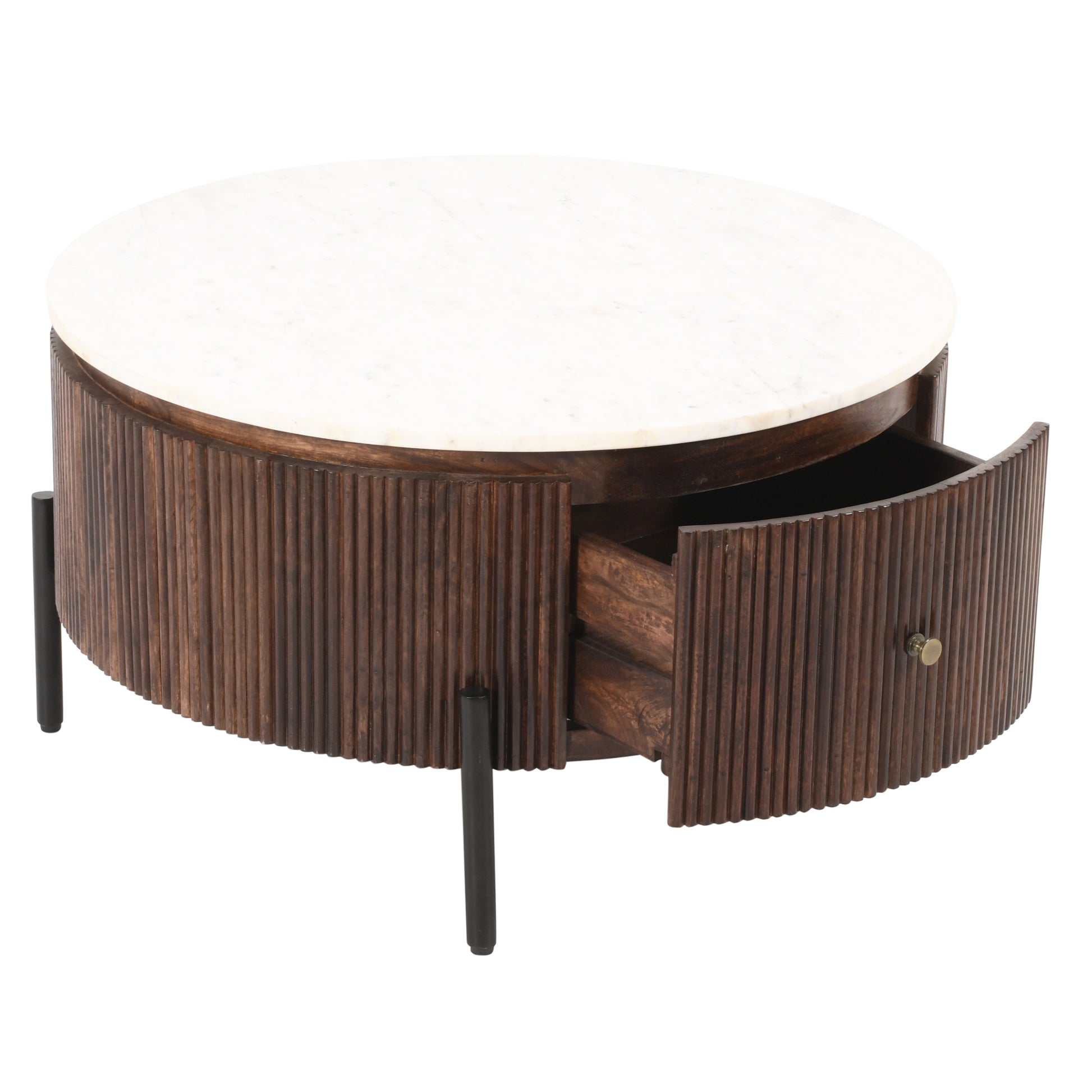 Opal Mango Wood Round Fluted Coffee Table With Marble Top & Metal Legs