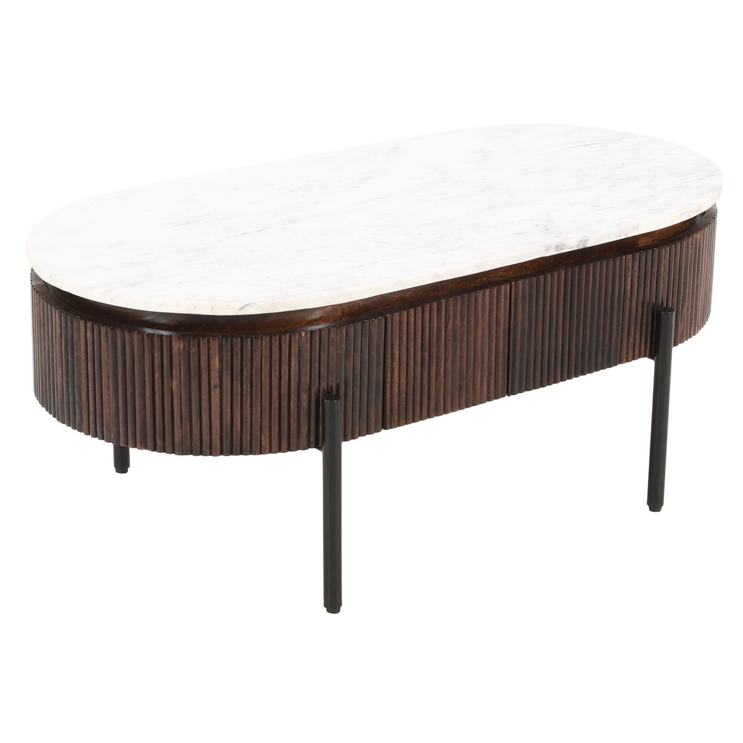 Opal Mango Wood Rectangular Fluted Coffee Table With Marble Top & Metal Legs