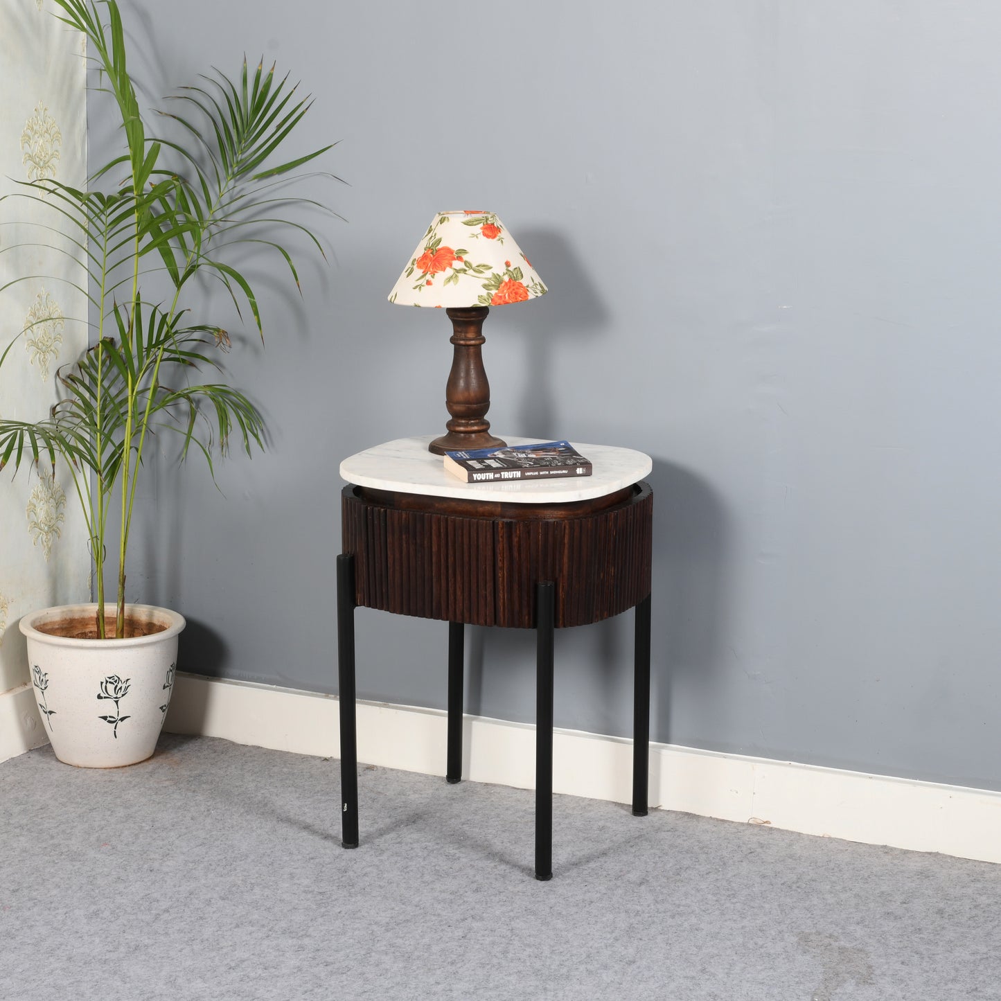 Opal Mango Wood Bedside Table With Marble Top & Metal Legs