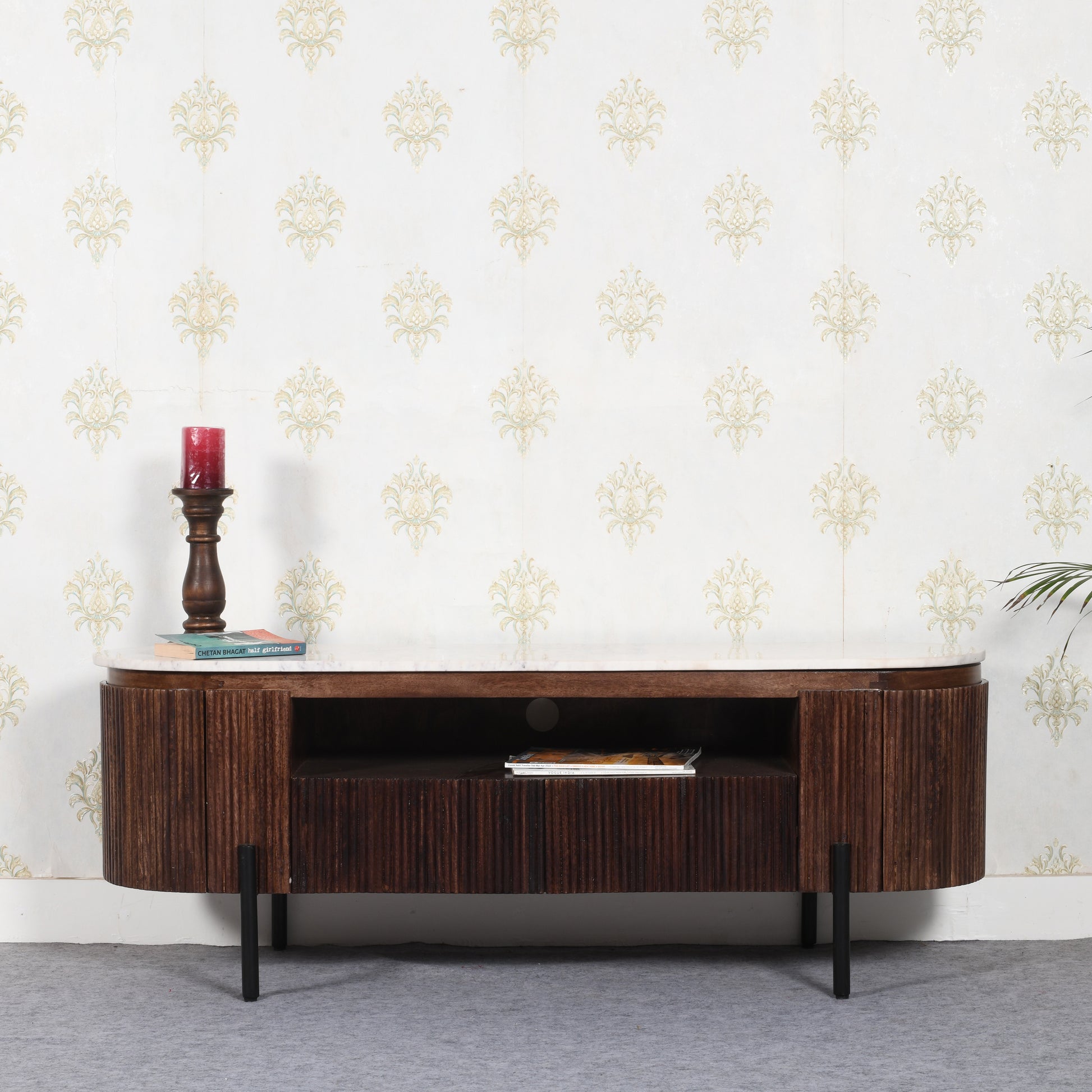 Opal Mango Wood TV Cabinet With  Marble Top & Metal Legs