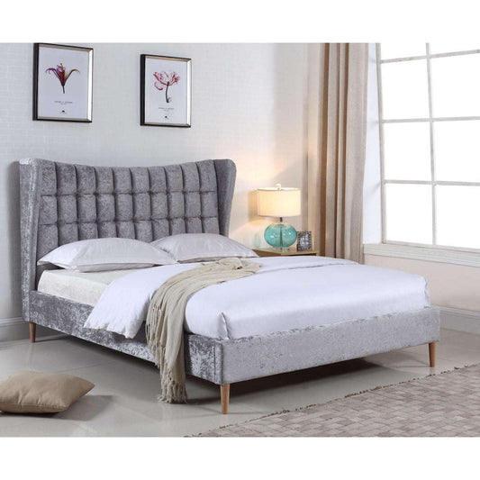 Ashpinoke:Mahala Crushed Velvet Double Bed Silver,Double Beds,Heartlands Furniture