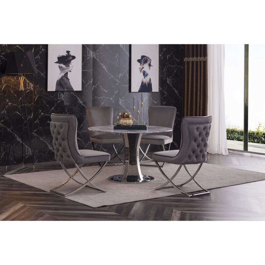 Ashpinoke:Panama Velvet Fabric Dining Chair Grey with Stainless Steel Legs,Premium Dining,Heartlands Furniture