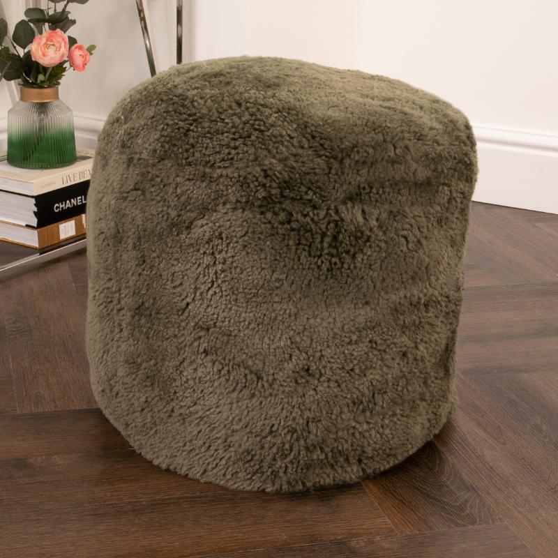 Ashpinoke - Khaki Green Short Pile Sheepskin Pouffe